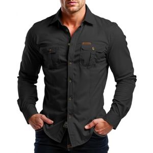 Misfuso Chemises Homme en Coton &agrave; Manches Longues Mod&egrave;le Randonn&eacute;e Style Cowboy Col Montant Tenue Tactique Usage Ext&eacute;rieur/Travail Look Safari Uni et D&eacute;contract&eacute; 2 Poches Noir XXL (Kuson, neuf)