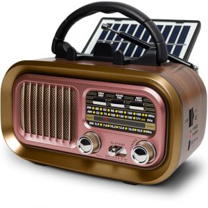 Poste Radio Portable, AM/FM/SW Radio a Pile, R&eacute;tro Radio Vintage Aliment&eacute;e par des Piles Rechargeables ou D-Cell de 1200mAh avec Panneau Solaire/USB/TF (MuyeStore, neuf)