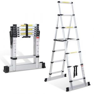Ikodm - &Eacute;chelle t&eacute;lescopique 1,7M+2,0M 5 + 6 marches - &Eacute;chelle pliante &agrave; cadre A - Charge maximale 150 KG/330 livres - &Eacute;chelle extensible en aluminium pour r&eacute;parations de toit - Taille pli&eacute;e : 65 cm (FIRMWELL1, neuf)