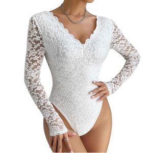 SHEKINI Body Femme Dentelle Élégant Chemise Haut Transparent À Manches Longues Col En V Corps Sexy Body Tops Chemise Pour Femmes (Yiserka1, neuf)