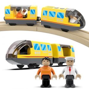 DxxD Train à Piles pour Chemin de Fer en Bois, Train Electrique Enfant 3 4 5 6 7 8 Ans, Locomotive Train en Bois (Connexion Magnétique), Jouet pour Voie Ferrée Compatible avec Thomas, Brio, Jaune (MilkyWayToy, neuf)