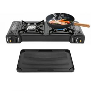 Levkitch R&eacute;chaud de camping avec plaque de cuisson et valise - R&eacute;chaud &agrave; gaz &agrave; 2 feux - Portable - En aluminium - Pour pique-nique en plein air - Avec plaque de cuisson (Levkitch, neuf)