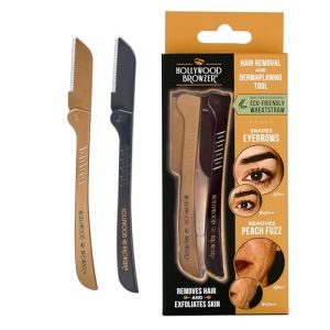 Hollywood Browzer Lot de 2 Rasoirs Sourcils Femme &ndash; &Eacute;pilation Visage Sans Douleur &ndash; Dermaplaning &agrave; Lame Inox &ndash; Manche &Eacute;cologique Paille de Bl&eacute; &ndash; Pochette Incluse &ndash; Teinte (Or et Noir) (Hollywood Browzer Beauty Official Store, neuf)