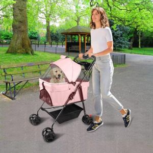 Poussette buggy pliable chien chat panier rangement porte-gobelets tissu 300D Oxford imperm&eacute;able 4 roues, avec panier de rangement et porte-gobelet,50 * 65 * 99cm- Rose (Hechheu, neuf)