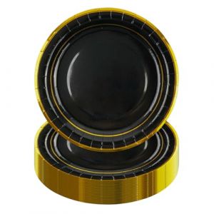 HiEnjoin Lot de 50 assiettes en carton pour f&ecirc;tes - 23 cm - Noir avec feuille dor&eacute;e - Assiettes jetables en carton pour anniversaires, mariages, anniversaires de mariage, anniversaires, f&ecirc;tes de (HiEnjoin, neuf)