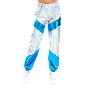 Pantalon cargo brillant pour femme - Effet mouill&eacute; - Hologramme - Hip Hop - Legging de jogging - Pantalon de danse - Pour f&ecirc;te, discoth&egrave;que, bo&icirc;te de nuit, clubwear, Bleu argent&eacute;, XXL (Odizli store, neuf)
