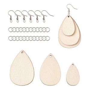 PandaHall Lot de 150 pendentifs en bois brut pour boucles d'oreilles - 3 tailles - avec anneaux ouverts et crochets en laiton - Pour la fabrication de bijoux (Yilisi Jewelry, neuf)