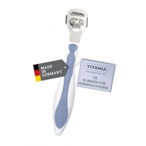 TITANIA® Râpe pieds pédicure professionnelle avec 10 lames • Rape pour les pieds en acier inoxydable • Coupe callosités & corne • Soin pieds anti callosités • Fabriquée en Allemagne, bleu (TITANIA Shop, neuf)