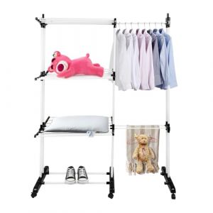LANTUS Étendoir Linge Intérieur sur 3 Niveau, Séchoir à Linge Extensible Réglable, Tancarville Grand Capacité, avec 6 Roues de Frein de Stationnement à 360°,75-142,5 * 64 * 170cm (Noir + Blanc) (Hechheu, neuf)