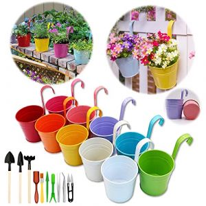 GIOVARA Grand Ensemble de 10 Pots de Fleurs en M&eacute;tal Vase Suspendu Panier &agrave; Planter avec des Outils de Jardin, Crochet D&eacute;tachable, sans Trou de Drainage, Cl&ocirc;ture de Jardin Balcon D&eacute;coration (JeuneDora, neuf)