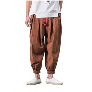 Baggy Sarouel pour homme - Pantalon de loisirs japonais uni en coton et lin - Salopette décontractée - Pantalon long respirant - Grande taille - Yoga - Taille élastique, Café Z, XXL (Take Idea, neuf)