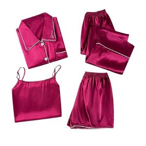 Pyjama Femme 4 Pi&egrave;ces - Ensemble Pyjama en Satin Sexy Robe de Chambre d'&eacute;t&eacute; Pyjamas de Fille en Soie V&ecirc;tements de Nuit Manches Courtes Chemise de Nuit Robe de Chambre avec Boutons T-shirts + Top + (Cy.betony, neuf)