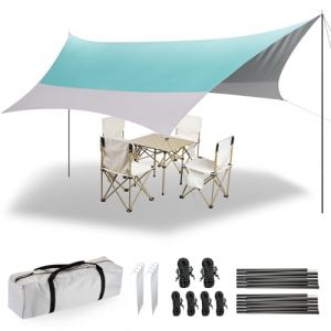 Forceatt Bâche Anti-Pluie 2 Poteaux, 3.7 X4.3m Camping Bâche Imperméable Anti-UV (upf50+), Randonnée, Camping (Turquoise&Gris) (MaoLianXin, neuf)
