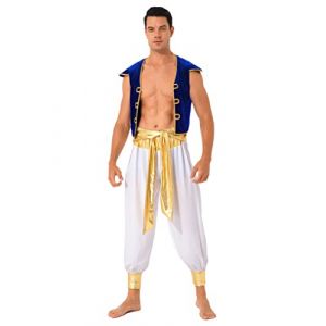 Oyolan Homme Costume Prince Arabe D&eacute;guisement Arabe Roi Pantalon Sarouel et Gilet sans Manches Cosplay Carnaval Halloween F&ecirc;te Tenue F Bleu M (Oyolan EU, neuf)