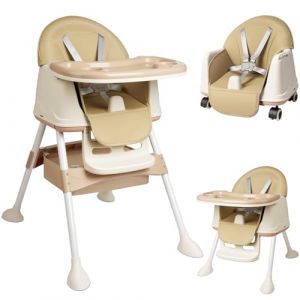 HENGMEI Chaise haute 3 en 1 pour enfant - Table &agrave; manger - Chaise b&eacute;b&eacute; - Aide &agrave; la marche - Rehausseur pour b&eacute;b&eacute; de 6 &agrave; 36 mois - Chaise de table avec table et roulettes - Plateau portable - Beige (Tendabin, neuf)