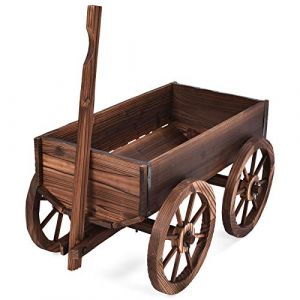 DREAMADE Brouette &agrave; Fleurs en Sapin, Wagon de Jardini&egrave;re en Bois Carbonis&eacute; avec Poign&eacute;e R&eacute;glable et 4 Roues, Chariot &agrave; Fleurs avec Trou de Drainage, pour Jardin,Terrasse,Balcon (DREAMADE, neuf)