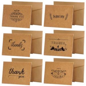 36 Pi&egrave;ces Papier Kraft Cartes de Remerciement avec Enveloppes et Autocollants, Marron Cartes Merci, Carte de Remerciement, pour Thanksgiving, Mariage, Anniversaire, Graduation(6 Motifs, 9cm x 7cm) (fengyurui, neuf)