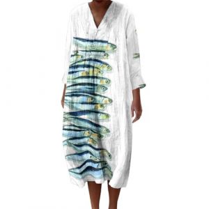 Robe Ete Femme Mi Longue Fluide Coton Chemise Robes Manches Longues Ample Casuel A-Line Imprim&eacute; Fleur Robes Col V Ronde Boh&egrave;me Robe De Soiree Femme Vintage Dress pour F&ecirc;te Travail (Anglekie, neuf)