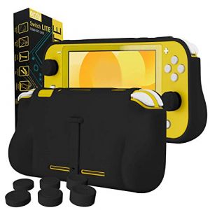 Orzly Coque pour Nintendo Switch Lite – Comfort Grip Case, Coque de Protection pour l'arrière de la Console Switch Lite avec poignées rembourrées & Support intégrées, et Thumbgrips Inclus - Noir (Syntiga Europe - FR, neuf)