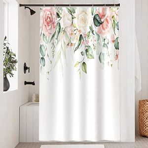 Uiiooazy Rideau Douche Eucalyptus, Rideau de Douche Feuilles Vert Sauge et Fleuri Rose Blanc Rideau de Baignoire Anti Moisissure Imperméable Tissu Polyester Rideau de Bain avec 8 Crochets 120Lx200Hcm (dongguibinjingpinxiaodianpu, neuf)