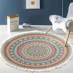 Tomifine Tapis Rond en Coton Tressé Bohème Tapis avec Franges Mandala Motif Antidérapant Tapis Décoration du Sol pour Chambre à Coucher, Couloir, Salon (80 cm,Rouge Vert) (NDSMGS, neuf)