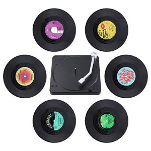 Coolty 6 Pi&egrave;ces Dessous de Verre en Vinyle R&eacute;tro CD Sous-verres pour Caf&eacute; Th&eacute; Bi&egrave;re Vin Bouteille de Vin avec Support, 10.5 x 10.5 x 0.2 cm (Boarimm, neuf)