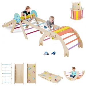 GOPLUS 9 en 1 Triangle Escalade Montesorri pour Enfants 1 Ans+, Parcours Montesorri Bebe Bois Pliable avec Arche, Rampe, Corde&&Eacute;chelle, Pont, Aire de Jeux Int&eacute;rieur (Astre|9 en 1,Multicolore) (Augenstern24, neuf)