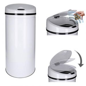 TALK-POINT Poubelle à capteur automatique 30-50 Litre avec cerclage, en acier laqué, ronde, ouverture/fermeture automatiques - Poubelle de cuisine automatique (Blanc, 30 Litres) (Elektronik-Versand, neuf)