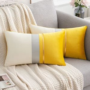 Serento Lot de 2 Housse de Coussin en Velours Doux 30 x 50cm Jaune Patchwork Taie d&rsquo;Oreiller Taie Coussin Canape Decoration Salon Moderne avecBande de Cuir Golden,12x20 (KOOOLET EU, neuf)