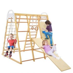 LIFEZEAL 8 en 1 Set Jeux Escalade Enfant avec Balançoire et Tobbogan en Bois, Filet & Échelle & Rocher à Grimper, Anneaux Gymnastique, Aire de Jeux Intérieur, 3+ Ans, Charge de 240 kg (Naturel) (LIFEZEAL ITALY S.R.L., neuf)
