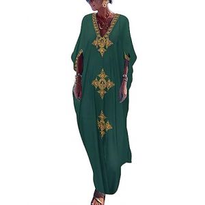 Bsubseach Broderie Robe de Plage Caftan Femmes Grande Taille Kaftan Floral Maxi Longue Tunique Boh&egrave;me Boho Et&eacute; Djellaba Femme Kimono Vert Noir&acirc;tre (Bsubseach-EU, neuf)
