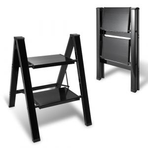Eulenke 2 Marches Escabeau de Aluminium, Échelle Pliante Marche Pied Pliable, 2 Escabeau Pliable Léger, Échelle Pliante antidérapante, Convient pour la Maison, la Cuisine, Charge maximale 150kg, Noir (ZZQRAME, neuf)