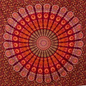 MOMOMUS Tapis/Drap/Tenture Murale Mandala – Art Mural 100% Coton – Idéal comme Tapisserie Murale Mandala, Toile Murale et Tissu Déco pour Yoga - Rouge, 210 x 230 cm (TRESMESTRES HOME, neuf)