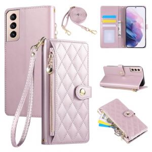 Rosbtib &Eacute;tui pour Samsung Galaxy S21 5G 2021 6.2 Pouces, Coque pour t&eacute;l&eacute;phone Portable en Cuir PU avec Broderie en Losange, Galaxy S21 &Eacute;tui &agrave; Rabat avec dragonne et bandouli&egrave;re, Rose (Tengkai Technology, neuf)