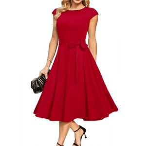 DRESSTELLS Robe Cocktail Mariage Vintage Robe Casual Femme Robe de Soiree Femme Robe bapt&ecirc;me col Rond Manches Courtes Rouge 2XL (Dresstells, neuf)