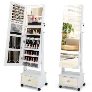 COSTWAY Armoire &agrave; Bijoux sur Roulettes, Verrouillable, Organisateur de Bijoux sur Pieds avec Miroir Psych&eacute; sans Cadre, Miroir Int&eacute;gr&eacute; avec Lumi&egrave;res LED 3 Couleurs, &Eacute;tag&egrave;re Pliable (Blanc) (FDS GmbH, neuf)
