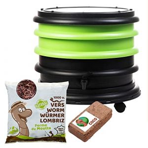 WORMbox | Lombricomposteur 2 Plateaux Vert Anis + 500gr de vers de Compost + 1 Bloc Coco | 32 litres | Compostez Vos d&eacute;chets organiques, Les vers de Terre/lombrics produisent du lombricompost (Ferme du Moutta, neuf)