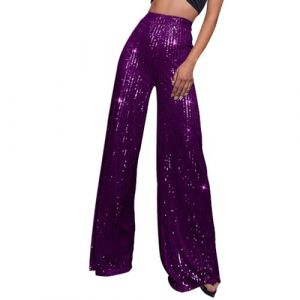 Duohropke Pantalon &agrave; paillettes pour femme, jambe large, taille haute, avec paillettes, &eacute;l&eacute;gant, style ann&eacute;es 70, pantalon stretch pour club, f&ecirc;te, danse, Violet (02), M (PANGCON, neuf)