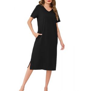 Wikoan Chemise de Nuit Longue Chemise de Nuit Femme en Coton Robe V&ecirc;tements de Nuit Col en V Chemises de Nuit Ete Manches Courtes avec Poches Noir XL (Wikoan Direct, neuf)