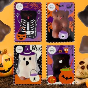 Ourson Guimauve d'Halloween - Guimauve Vanille enrobée de chocolat Lait ou Noir - Décor de la boîte aléatoire (Ourson Guimauve, Chocolat Noir) (CHOCODIC Maître artisan chocolatier depuis 1995, neuf)