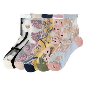 VIDSTW 5 Paires Chaussettes Transparentes Femme Socquettes Femme Transparents Fantaisie Fleur &agrave; Motifs Dentelle Cheville Pure Maille Et&eacute; Tites Chaussettes Soie Mince Mode Chaussette Basse (B) (BAIYIKEJI, neuf)