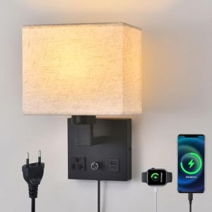 CNMYKYDS Lampe murale de chevet pour chambre &agrave; coucher, applique murale &agrave; brancher - Interrupteur &agrave; intensit&eacute; variable avec prise CA et port USB - Abat-jour en tissu - Applique murale noire pour salon (MoYingKaiYue, neuf)