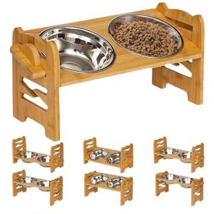 WIYETY Gamelle sur&eacute;lev&eacute;e &agrave; 4 hauteurs : mangeoire en bois avec 2 gamelles en acier inoxydable, mangeoire pour chien, gamelle r&eacute;glable pour chiens de grande taille et moyenne (GREENFOODERAN TRADING LTD, neuf)