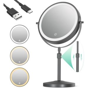 iklestar Miroir Grossissant Lumineux x10, Hauteur R&eacute;glable Mirroir Maquilleur Lumineux, 360&deg; Rond Miroir de Table avec Lumiere, 3 Couleurs Lumi&egrave;re, Noir (Tyue-Direct, neuf)
