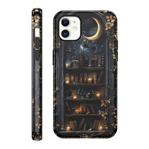 Niokfrci 2 in 1 Coque pour iPhone 11 6,1", Aesthetic Bookshelf Biblioth&egrave;que Lune Feuilles Motif Dessin &Eacute;tui Brillant Silicone Fine TPU pour Femmes Filles Antichoc Housse Protection Cover, Bumper Case (rytr7uty, neuf)