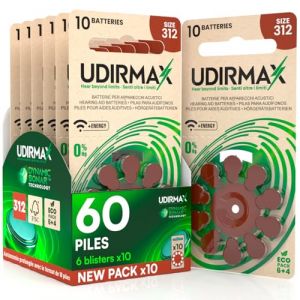 60 Piles Auditives Taille 312 Udirmax PR41 Marron Zinc-Air avec Technologie Dynamic Sonar Eco Pack - 6 Blisters &Eacute;cologiques de 10 Piles (Eurocali, neuf)