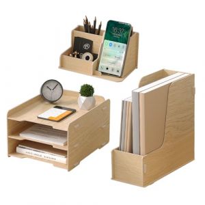 Ensemble de rangement de bureau en bois – Bac à courrier A4 à 3 niveaux, porte-documents, porte-stylos, organiseur de bureau et rangement pour fournitures de bureau (chêne) (NUODWELL, neuf)