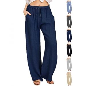 CheChury Pantalon Lin Femme Été Décontractés Pantalons Mode Coton Chanvre Confortable Jogging Plage Rétro Pants Taille Elastique Pantalon avec Poches,Bleu Marine,XXL (LYworld, neuf)