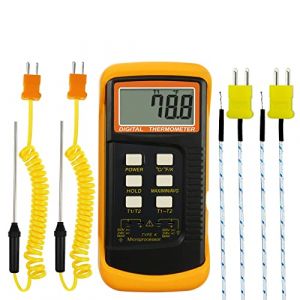 DANOPLUS Thermomètre thermocouple numérique de type K de haute précision (-50 ~ 1300 °C) avec deux canaux 4 sondes (fil et acier inoxydable) Testeur de température Kelvin portable (DP-GLOBAL, neuf)