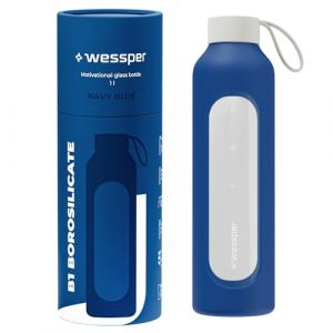 Wessper Bouteille en verre avec housse en silicone, bouteille en verre borosilicaté avec repères horaires 1 litre, bouteille de sport Idéale pour le fitness, l'école, le sport, les enfants - Bleue (agdmaster, neuf)